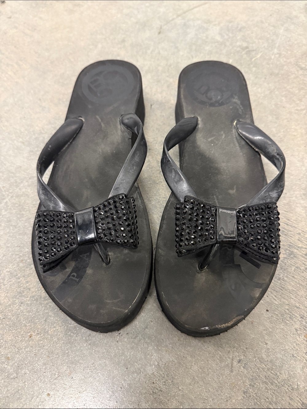 BCBG Black Bow Embellished Wedge Flip Sandals